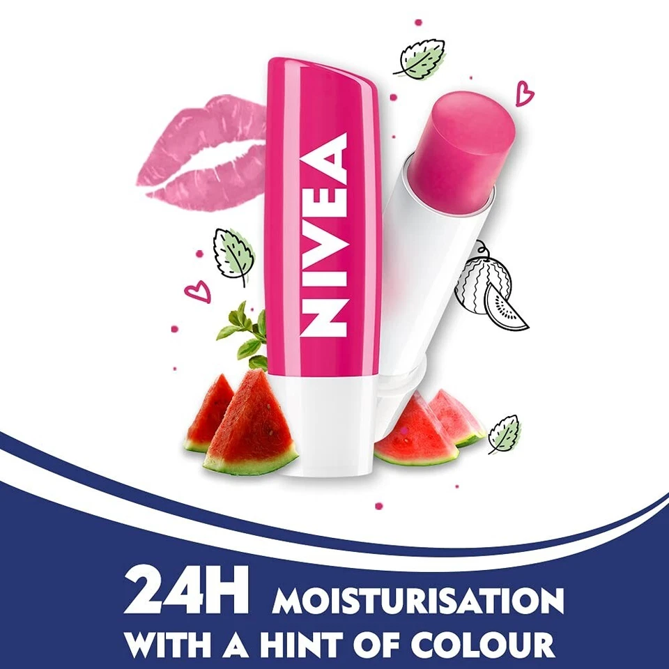 Bálsamo labial NIVEA 2 PIEZAS, brillo sandía afrutada, color rosa, 4,8 g (envío gratuito) Foto 3 de 4