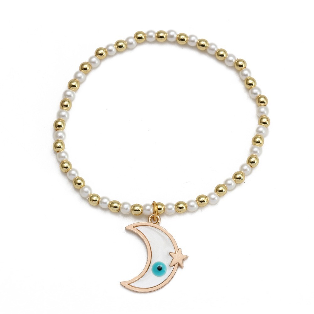 Anklet Moon Pearl BEAD STRETCHY Gold & White Evil Eye beautiful Chic Layered-image
