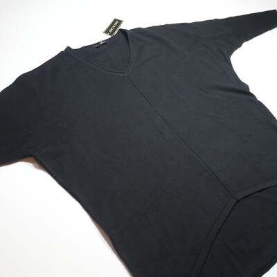 Knit & Cast Top Womens XL Black Dolman Rib Sleeve V-Neck Basic Curved Hem Casual