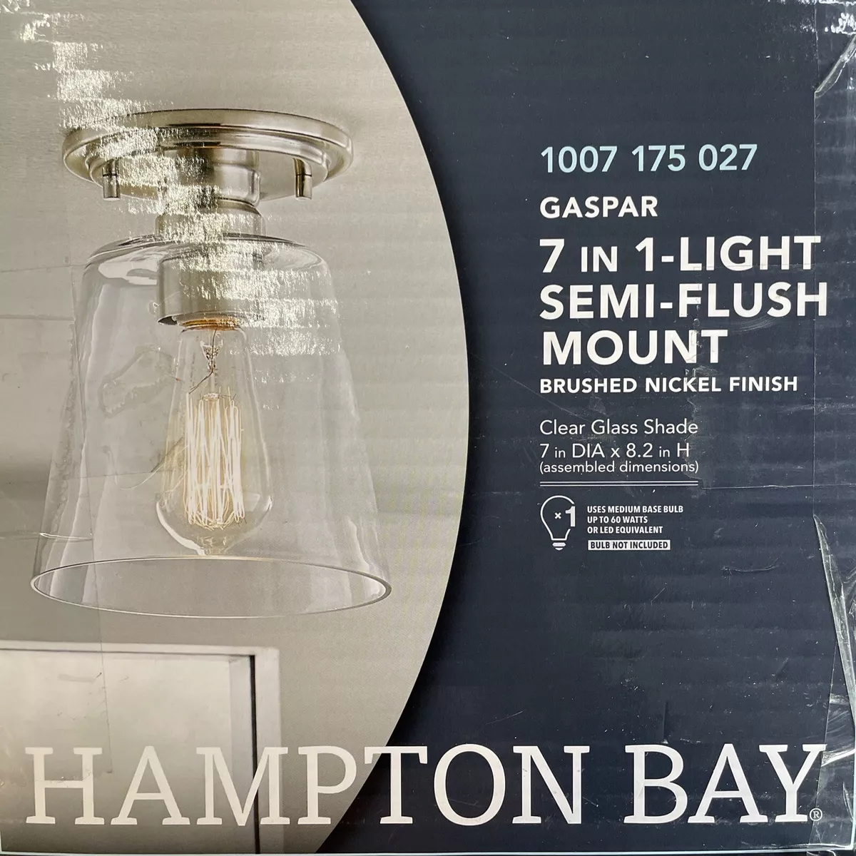 Hampton Bay Gaspar 7 in. Brushed Nickel Semi Flush Mount Light Clear Glass