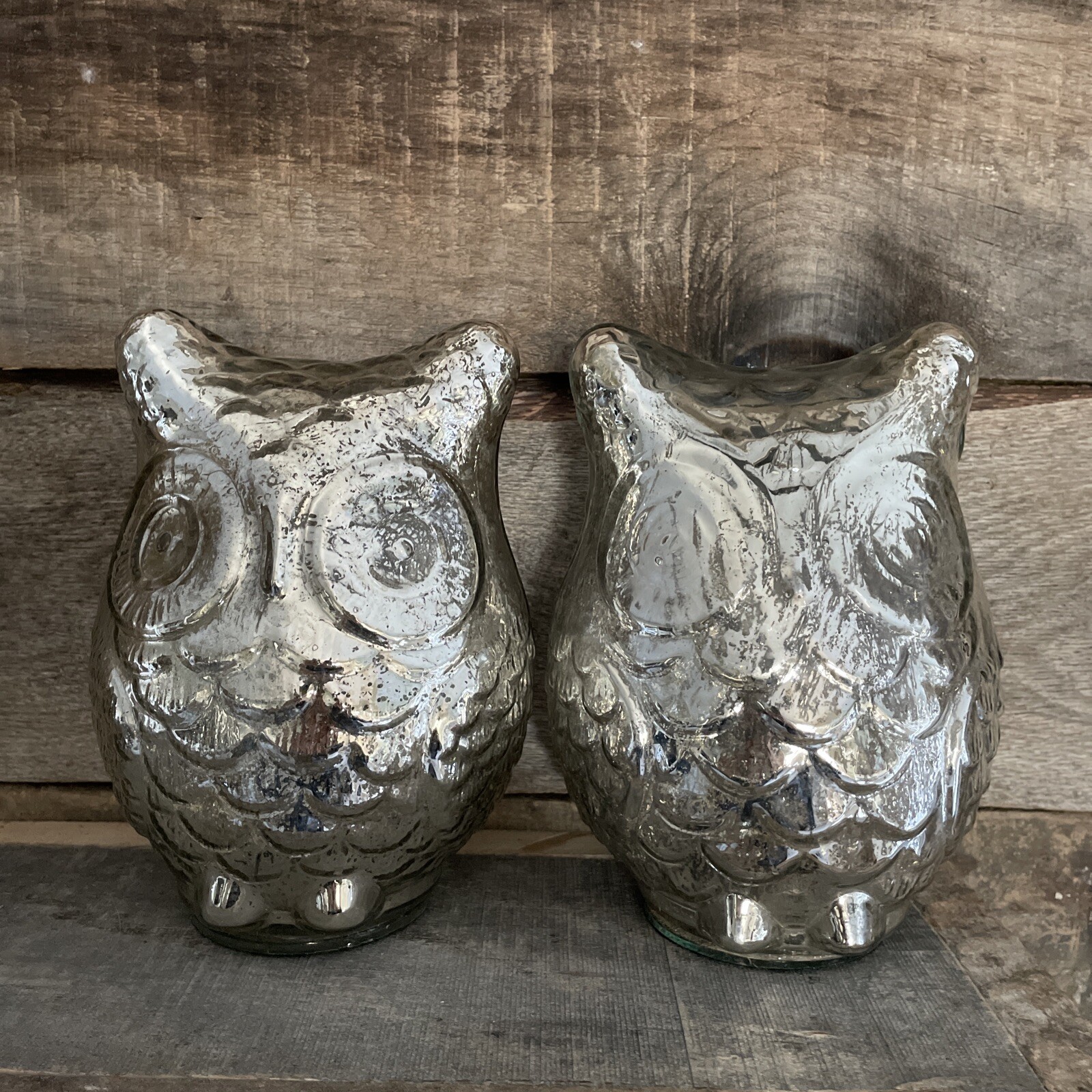 Silver Toned Glass Owls 7” Tall Set Of 2