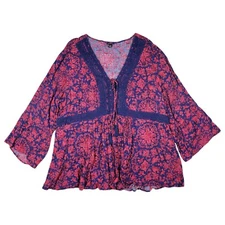 Torrid Top Womens Plus 3X Red Blue Floral Crinkle Gauze Lace Up Babydoll Blouse