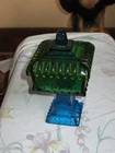 Vintage ArtDeco Jeanette Glass Wedding Cake Box Lidded Candy Dish Blue Green