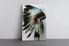 Native Chief Canvas Print, Feathered Hat Wall Art, Tribal Style Home Decor