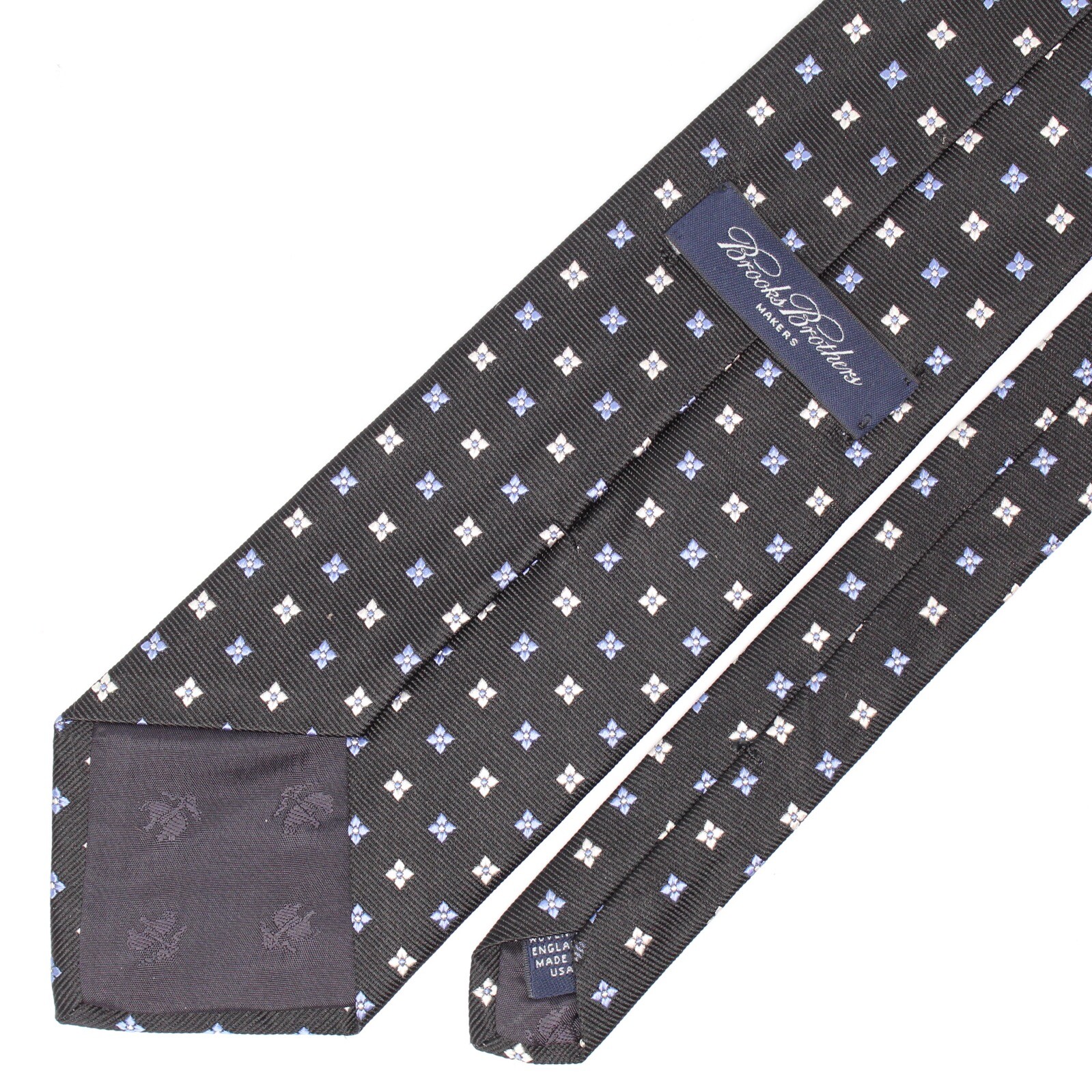 Brooks Brothers Mens Silk Necktie Black Light Blue White Floral Check