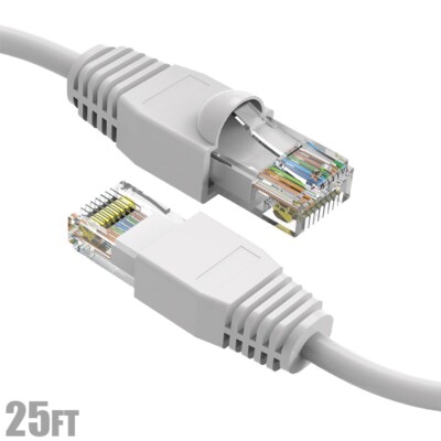 25FT Cat6A RJ45 Network LAN Ethernet Cable UTP Copper Wire Gold 24AWG White