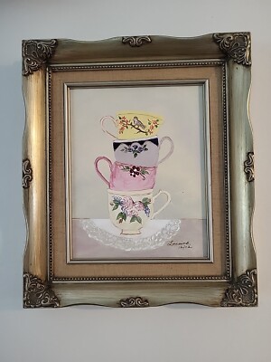 Original Oil On Board Stack Of Tea Cups Pink Yellow Bird Rose Lavender Signed