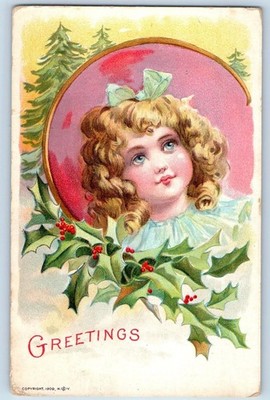 Greetings Postcard Pretty Little Girl Curly Hair Holly Berries Humbird WI 1909