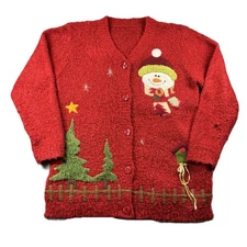 Women Chenille Sweater Cardigan Christmas Snowman Santa Winter Red L/XL I189