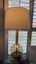Clear Glass Table Lamp with Beige Fabric Drum Shade, Shade Included