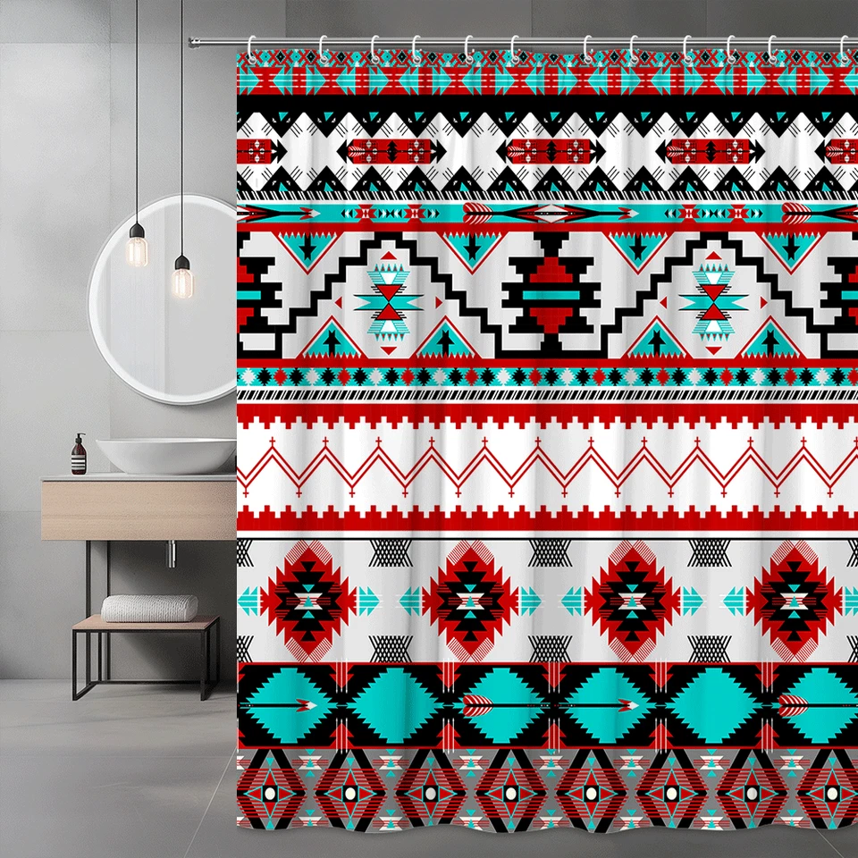 Cortina de ducha azteca del suroeste, patrón geométrico tribal, decoración de baño boho Foto 3 de 4