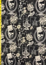 Nevermore Evermore Black Michael Miller Fabric skeletons raven flowers