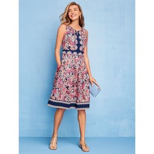 Talbots Dress Women 4 Blue Pink Paisley Fit Flare Cotton Preppy Boho Old Money