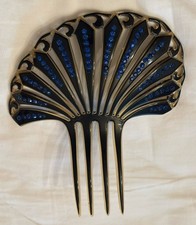 Vintage Celluloid Ladies Large Hair Comb Fan Curved Blue Rhinestones 5" W   B