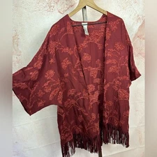 CHICO'S chenille tapestry ruana kimono top size L XL boho hippie floral fringe