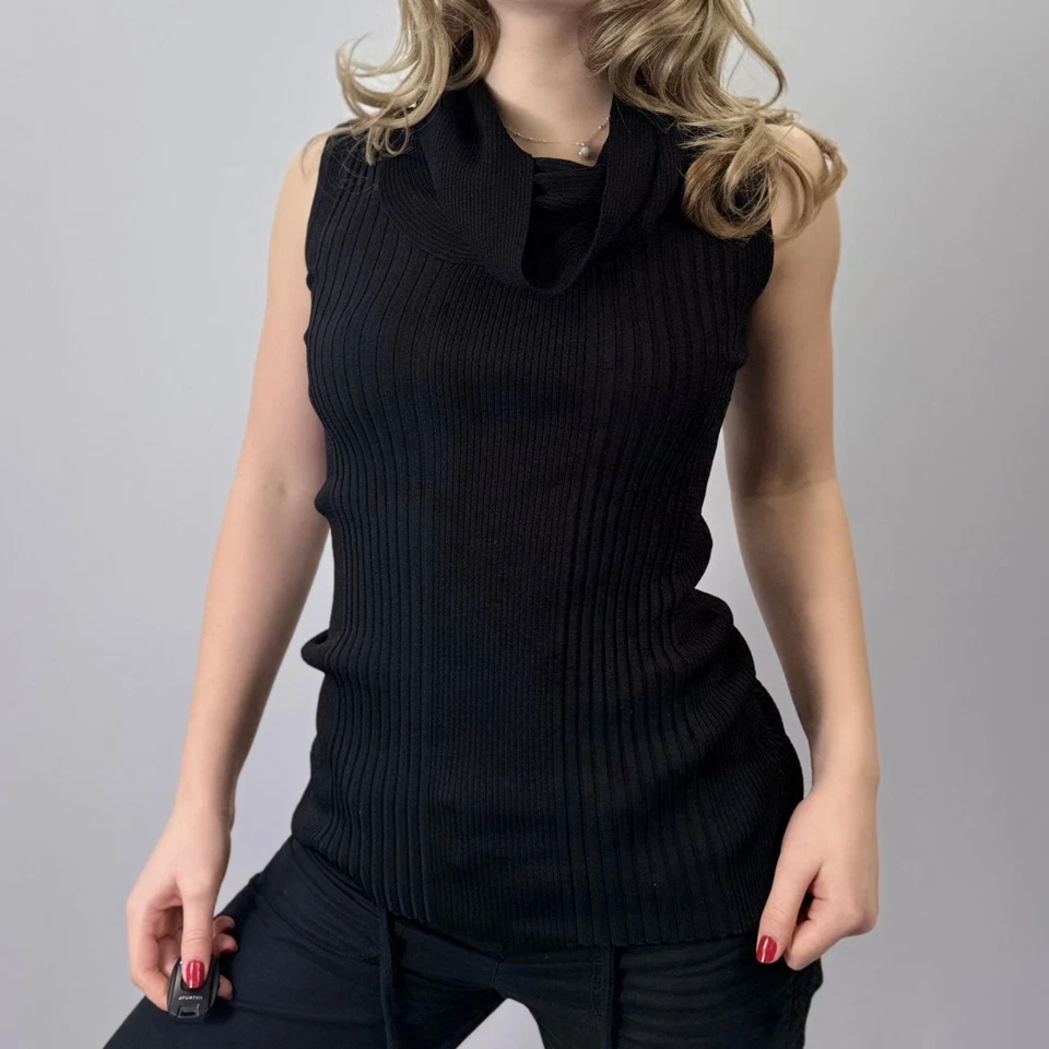 Joseph A. Top de punto acanalado negro sin mangas con cuello capucha - TALLA M Foto 2 de 4