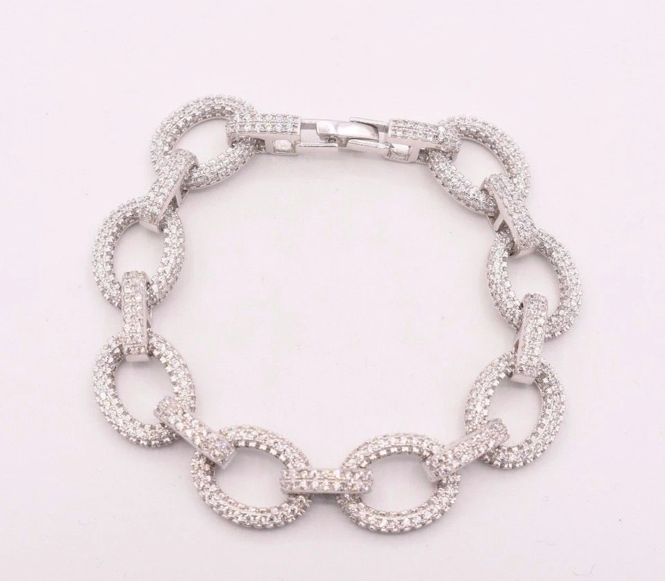 Ladies CZ Oval Rolo Charm Bracelet Real Sterling Silver 925 7" AAA