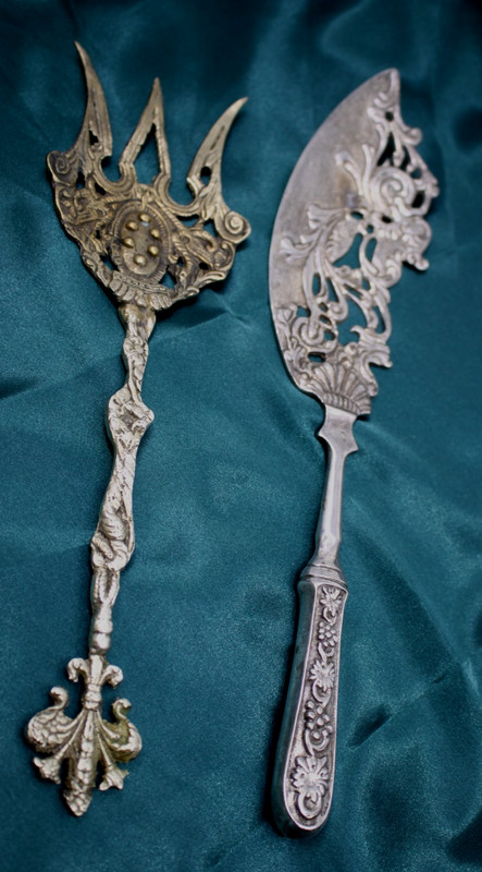 Vintage Silverplate Fish Server & Brass Serving Fork Ornate Unmarked 11.5" 10"