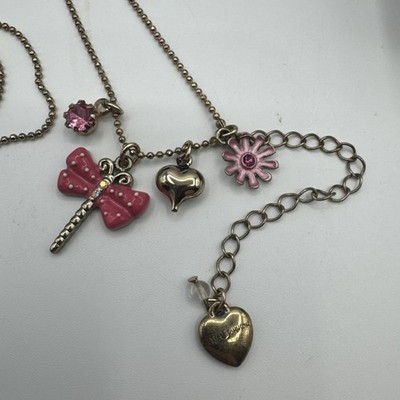 Betsey Johnson Charms Necklace Pink Dragonfly Heart BJ flower Heart Gold Tone