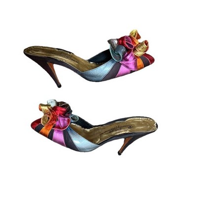 Beverly Feldman Spiral Rainbow Mule Metallic Bold Boho Heel Party Shoe 8.5 AS IS