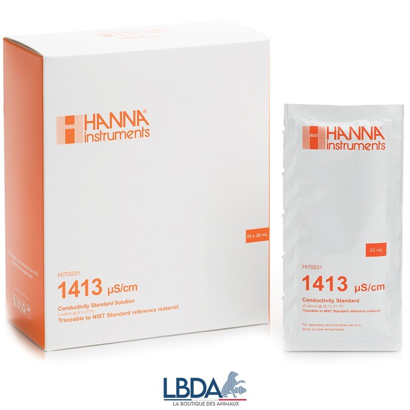 HI70031P Solution 1413 µS/cm Hanna Instruments - 25 sachets de 20 mL pour étalonnage conductimètre