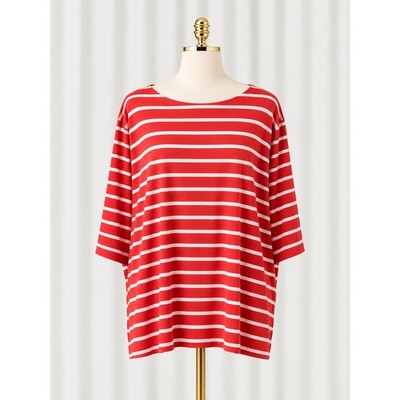 CJ Banks Striped Knit Tee Top Orange White Elbow Sleeve 3X Relaxed Fit Cotton