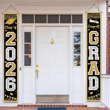 2026 Black Gold Graduation Banner Party Decoration Class of 2026 Porch Sign G...