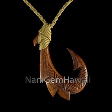 Hawaiian Jewelry Hand Carved Design Koa wood Fish Hook Necklace Pendant