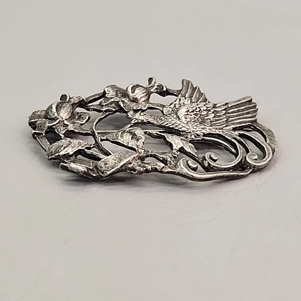 Bird Brooch 复古椭圆形新艺术风格锡质银色胸针花朵 2.5 — 第 2/4 张图片