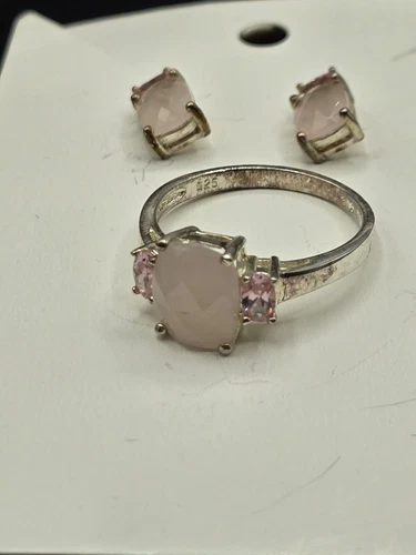 Vintage Avon 925 Sterling  Pink Jedeite & Morganite Earrings & Ring  Size 9
