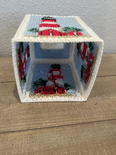 Handmade Needlepoint Plastic Canvas Tissue Box Cover Lighthouse Nautical Coastal - Picture 4 of 4