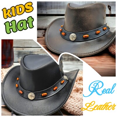 Kinder Western Style Cowboy Hut 100% Echtleder Stier Concho Perlen Kinnriemen
