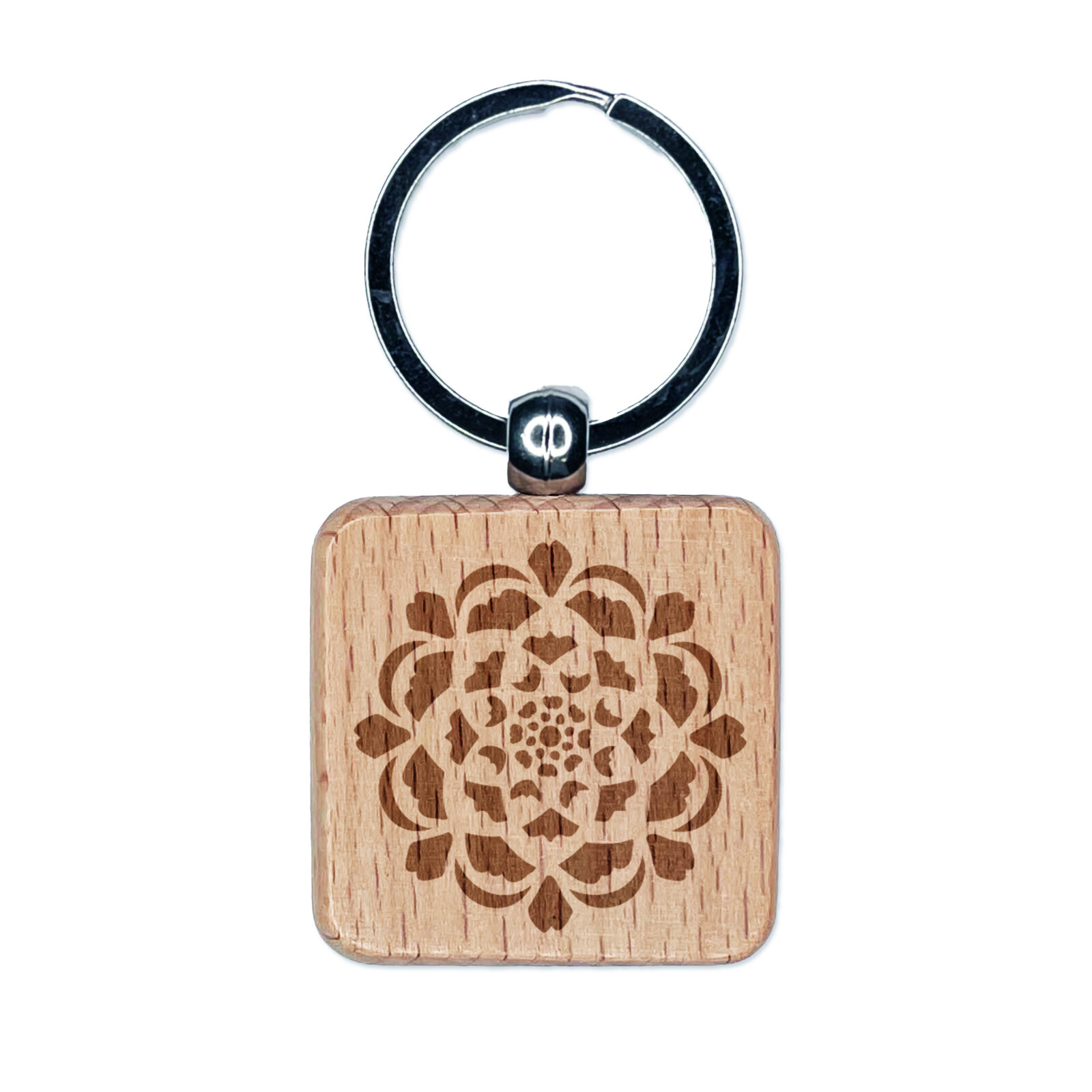 Geometric Artichoke Flower Engraved Wooden Square Keychain Charm  