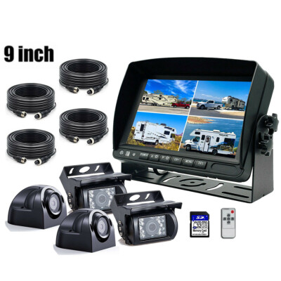 9'' QUAD SPLIT MONITOR SCREEN 4x REAR VIEW BACKUP CCD CAMERA SYSTEM FOR TRUCK US