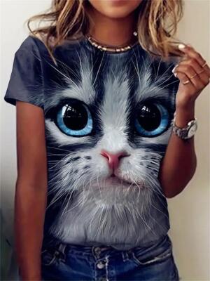Cute Cat 3D Blue Eyes Crew Neck T Shirt Casual Trendy Short Sleeve Women Fashion