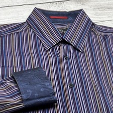 Bugatchi Men's Button Up Flip Cuff Size L Blue Striped Classic Fit Party Wedding