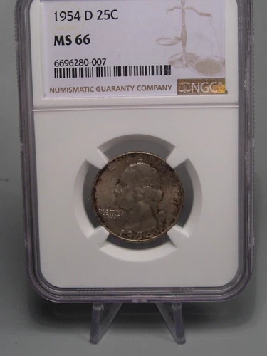BU Gem Toned 1954-D Silver Washington Quarter NGC MS66