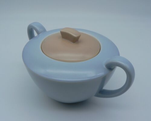 POOLE POTTERY PEACH BLOOM & MIST BLUE COVERED SUGAR BOWL C100 TWINTONE PERFECT - Picture 8 of 16