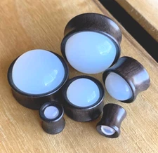 PAIR Opalite Stone Dome Ebony Wood Plugs Organic Gauges Earlets Body Jewelry