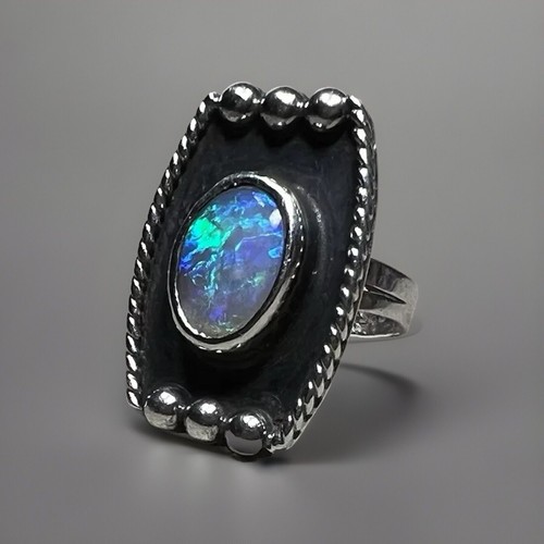 Estate Vintage Southwest Opal Cabochon Sterling Silver Beaded Ring 5 Signed MCR