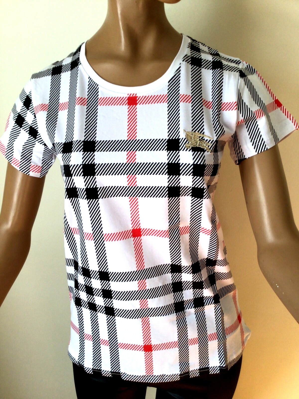 NEW BURBERRY LONDON  WHITE/BLACK/RED COTTON STRETCHED TOP SIZE XL