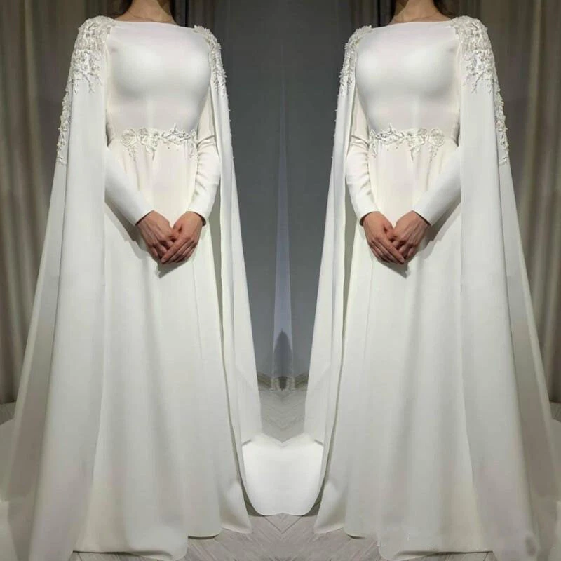 Muslim Wedding Dress with Cape Long Sleeves Beading Plus Size Satin Bridal Gowns - Image 2 of 4