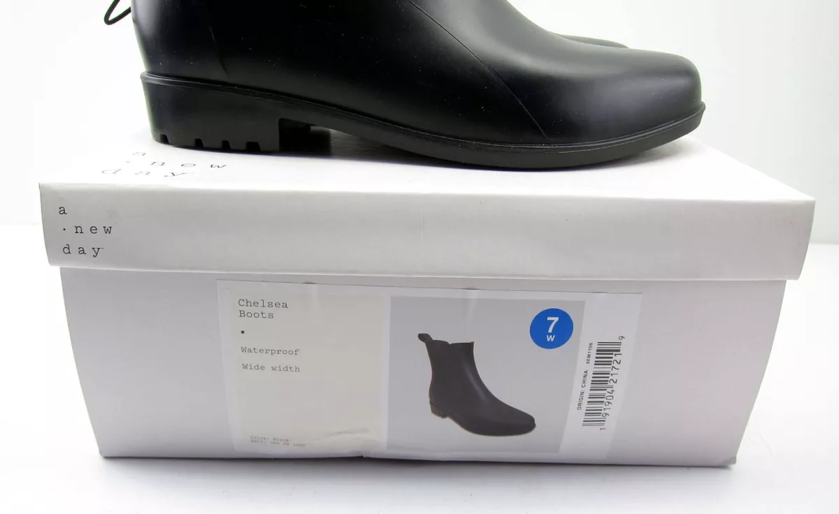 NEW Women's Chelsea Rain Boots - A New Day Black Size 7W Wide Ankle Pull On Boot