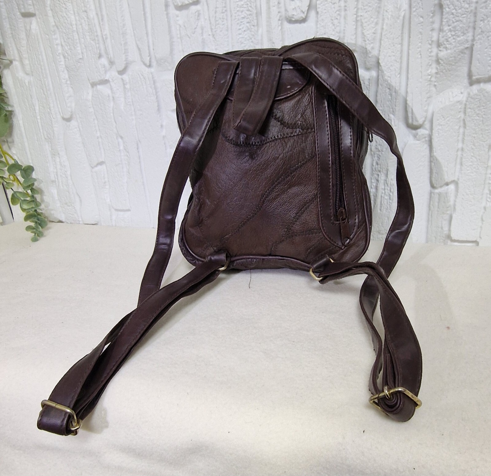 Vintage Brown Leather Patchwork Backpack Multi-Po… - image 3