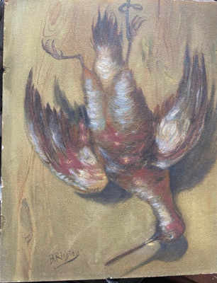 Oil painting signed Bruno Richter hunting still life bird with red feathers