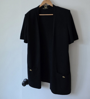 St. John Basics Women s L Black Solid Knit Short Sleeve Open Front Cardigan