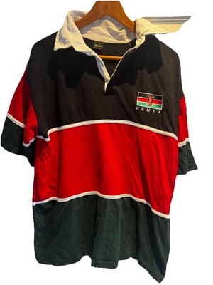 Kenia Baumwolle Rugby Shirt Kurzarm Medium Herren rot schwarz grün bestickt