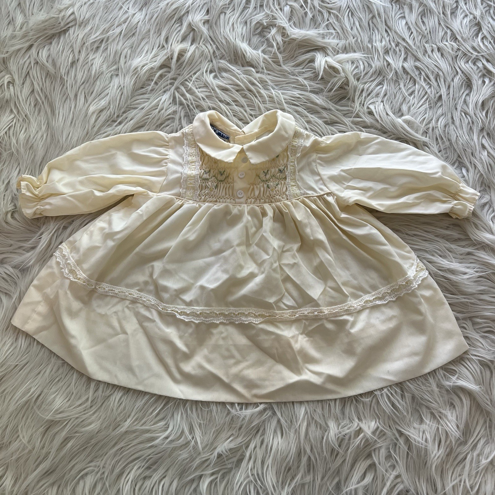 Vintage Polly Flinders Yellow Collared Hand Smocked Dress Baby Girls 12 Months
