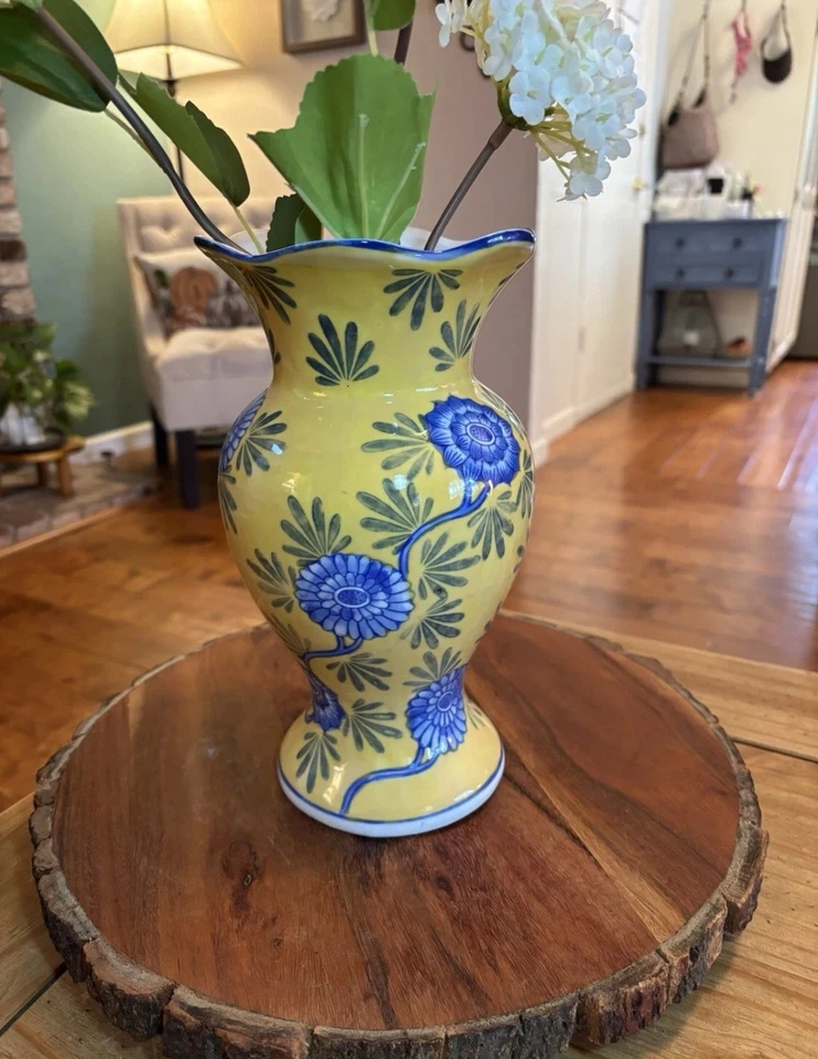 "Florero con volantes de porcelana china floral amarillo y azul Zhongguo Zhi Zao de colección 10""" Foto 2 de 4