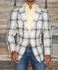 Tallia 100% Linen Dual Vent Windowpane Plaid Sport Jacket Blazer 46R